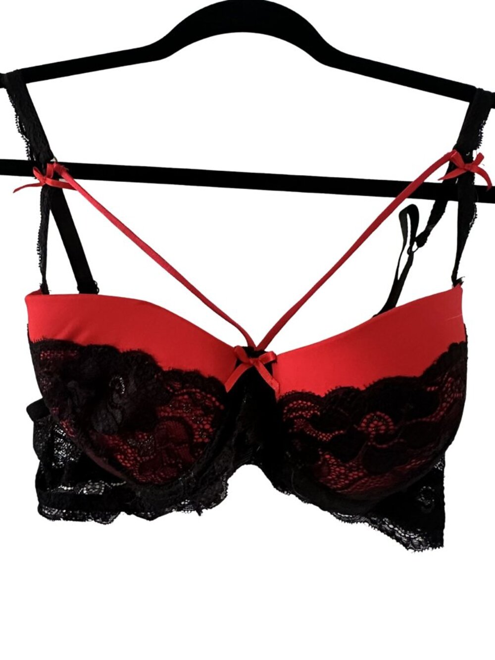 Victoria's Secret Red Black Lace Underwire Bra Crisscross Straps Size 36C